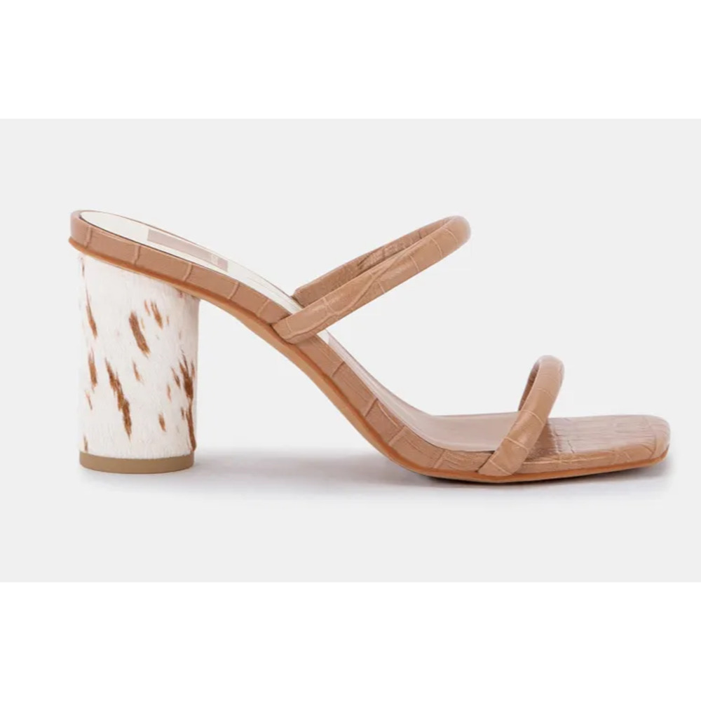 Dolce Vita Noles 7 Cow Print Block Heel Slide Sandals Tan Pink Leather Croco